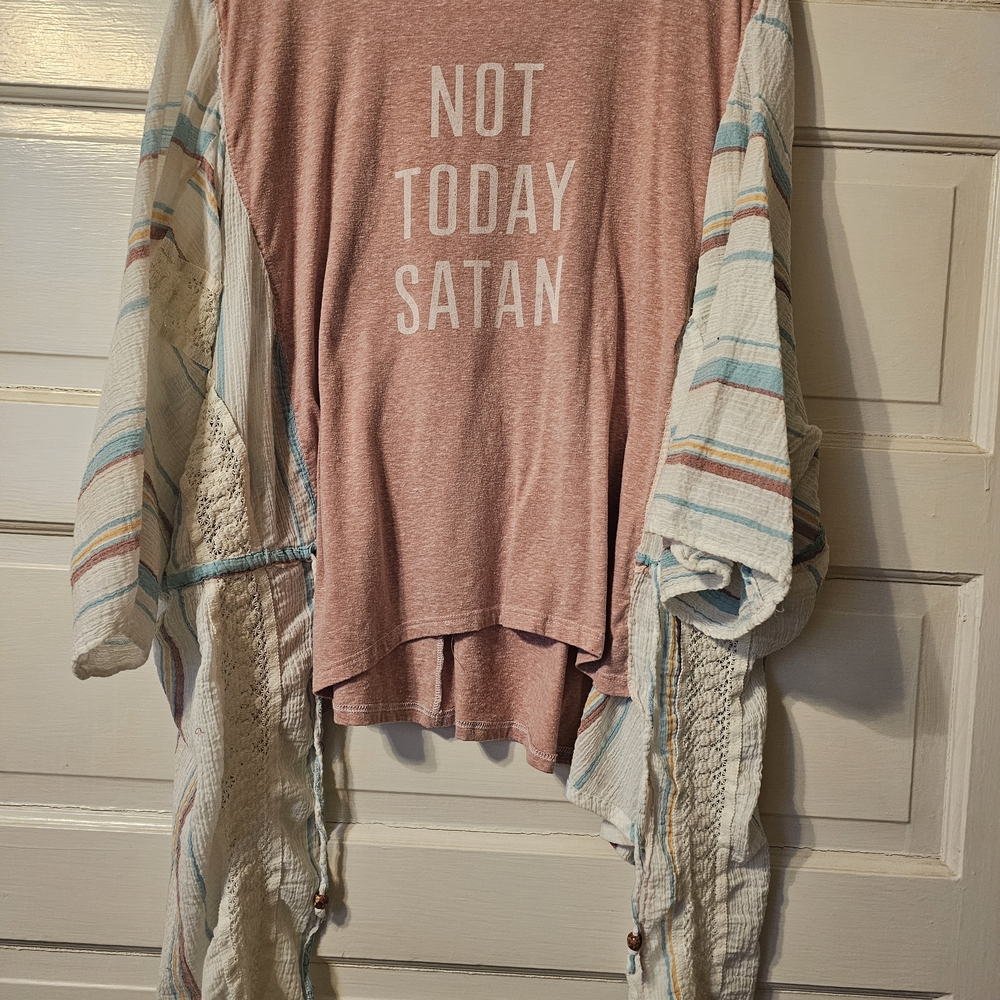 "Not Today Satan" Pink Graphic Tee with Striped Kimono Festival Sleeves OSFM